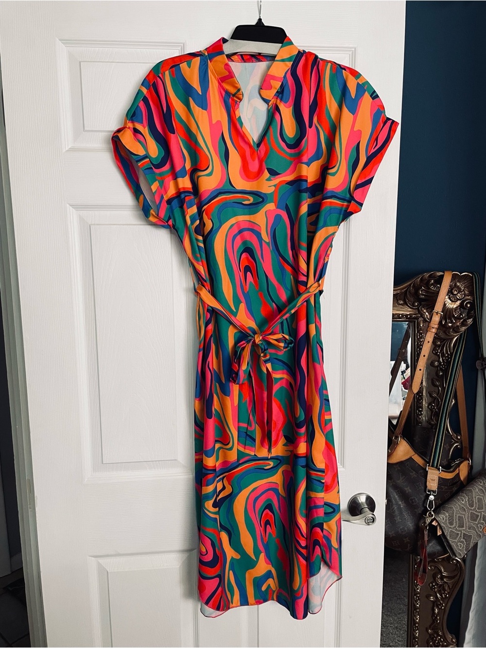Amazon Multicolor Swirl Midi Dress in Pink, Orange, Green & Blue